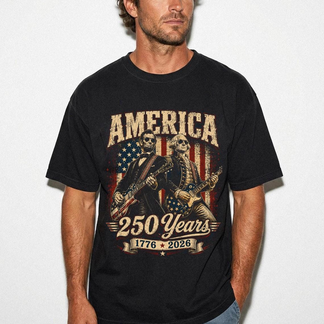 George Washington Lincoln Playing Guitar Abe Lincoln 250th Comfort Colors Patriotic 4th July Tee American Flag Rock (1)