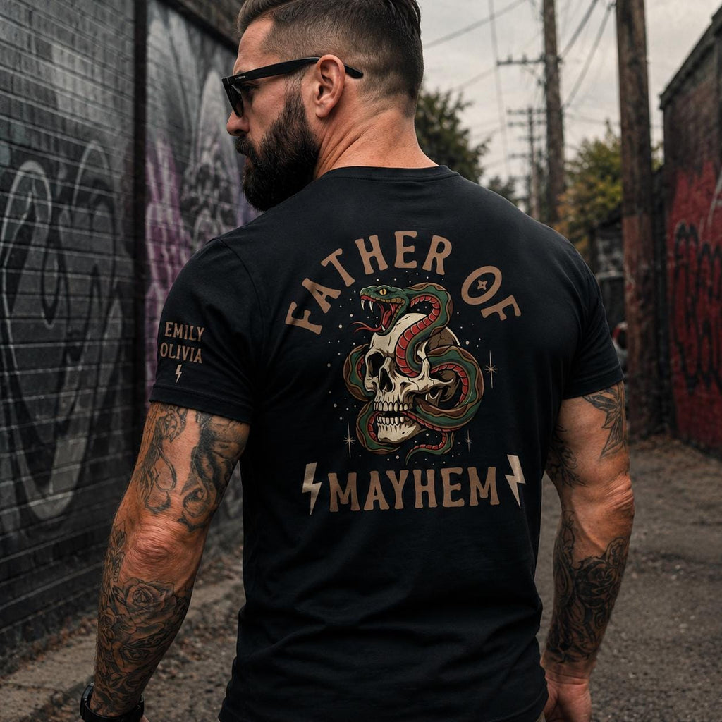 Personalized Father Mayhem Tee Custom Dad Skeleton Tee Father'S Day Husband Rocker Mom Dad Rock Tee Dad (2)