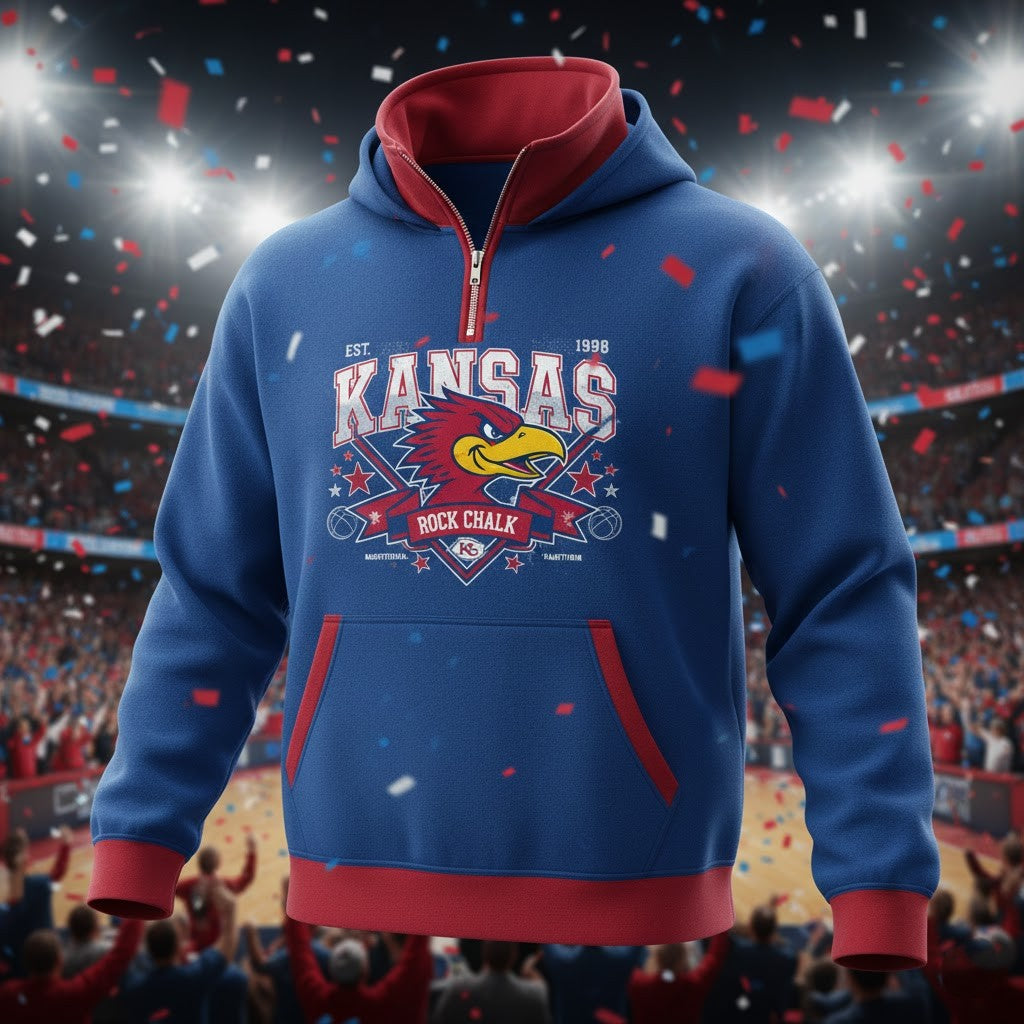 Kansas Jayhawks Quarter Zip Hoodie – Vintage Rock Chalk Mascot Graphic Sweatshirt