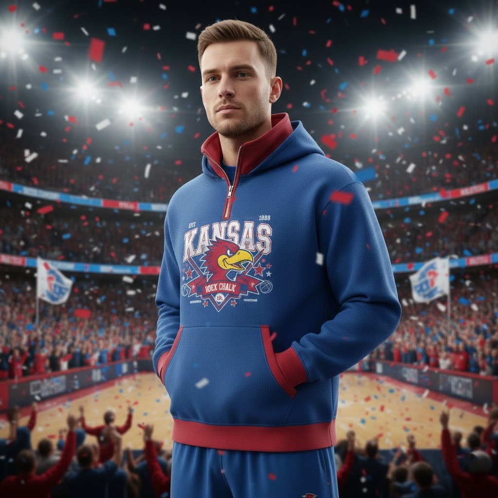 Kansas Jayhawks Quarter Zip Hoodie – Vintage Rock Chalk Mascot Graphic Sweatshirt