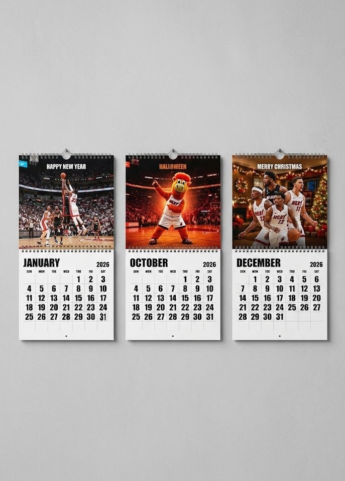 Miami Heat Basketball Calendar 2026 – Spiral-Bound Wall Hanging with Dynamic Player Action Collage