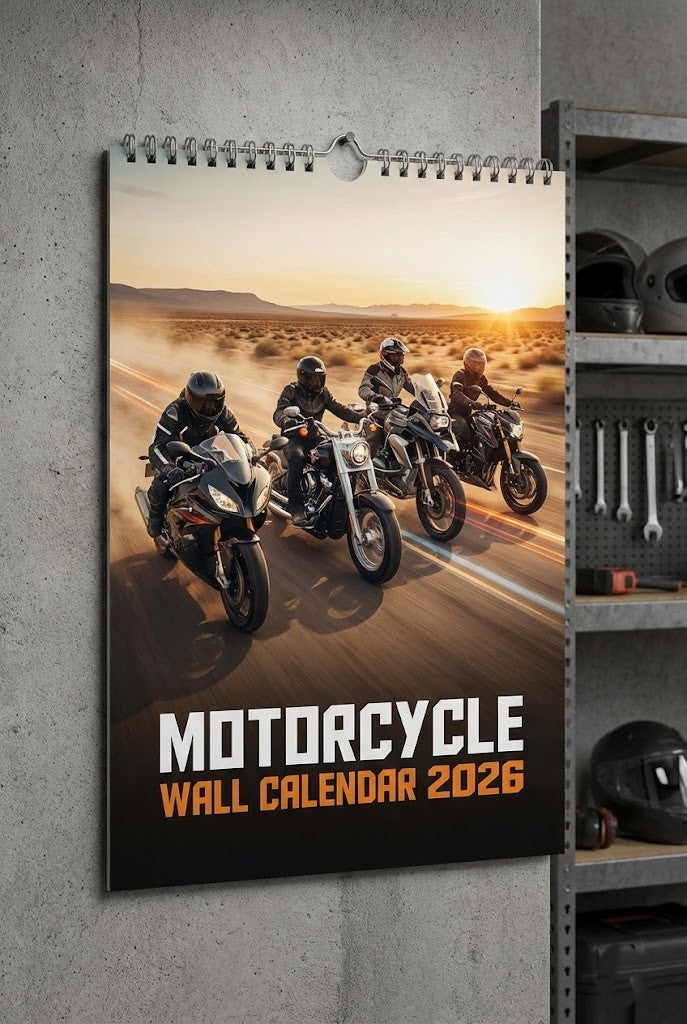 Motorcycle Wall Calendar 2026 – Spiral-Bound Monthly Planner with Glossy High-Action Photography for Bikers