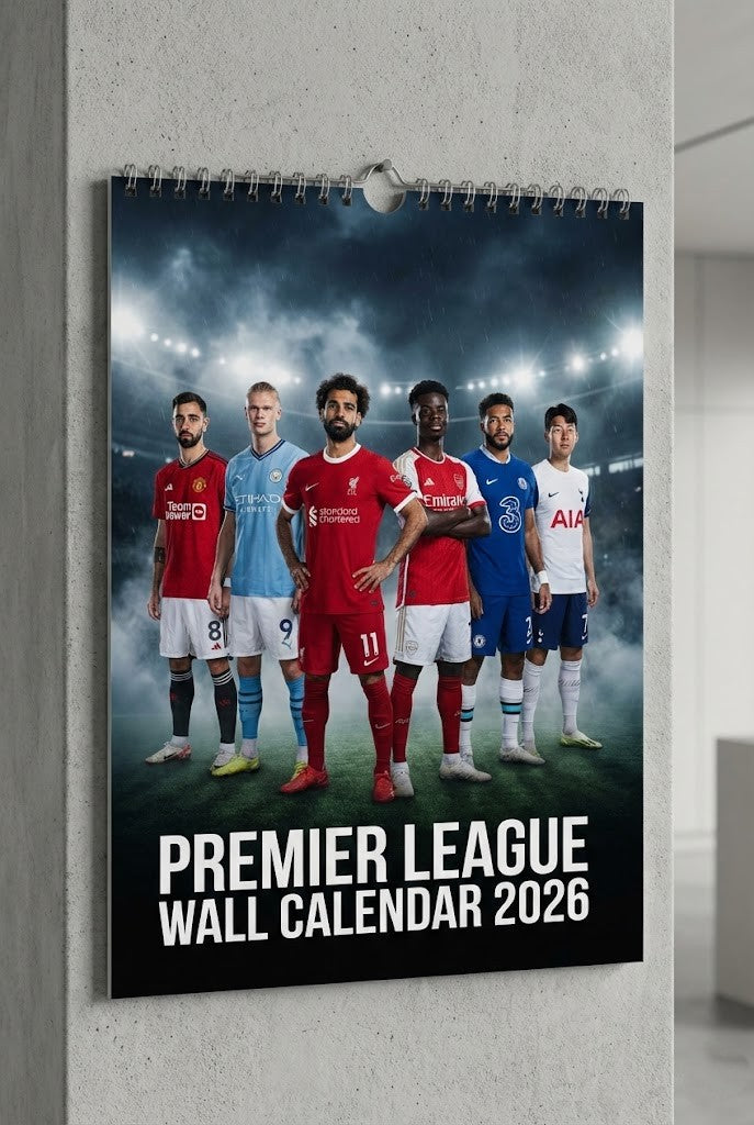 Premier League Wall Calendar 2026 – Featuring Star Players Haaland, Salah, and Saka with a Dramatic Stadium Cover Design