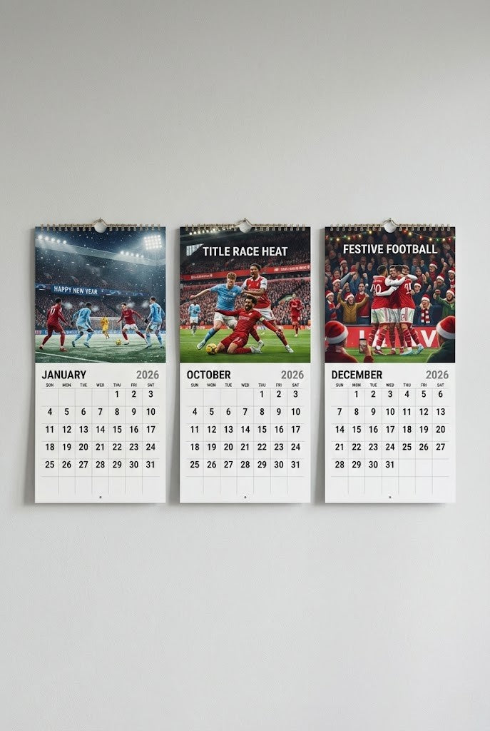 Premier League Wall Calendar 2026 – Featuring Star Players Haaland, Salah, and Saka with a Dramatic Stadium Cover Design
