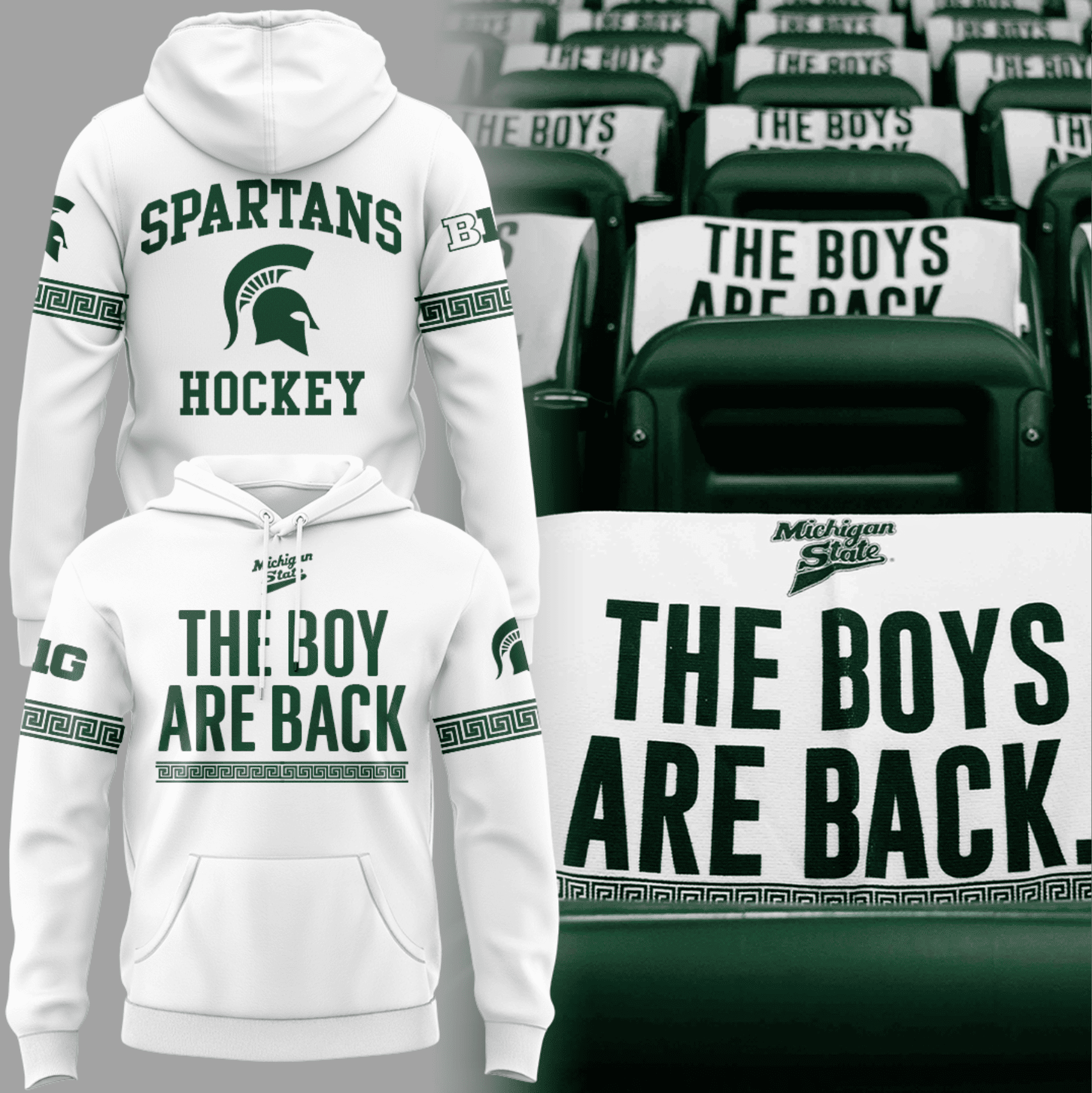 Michigan State Spartans Hockey Hoodie – The Boys Are Back Slogan with Greek Key Pattern Design