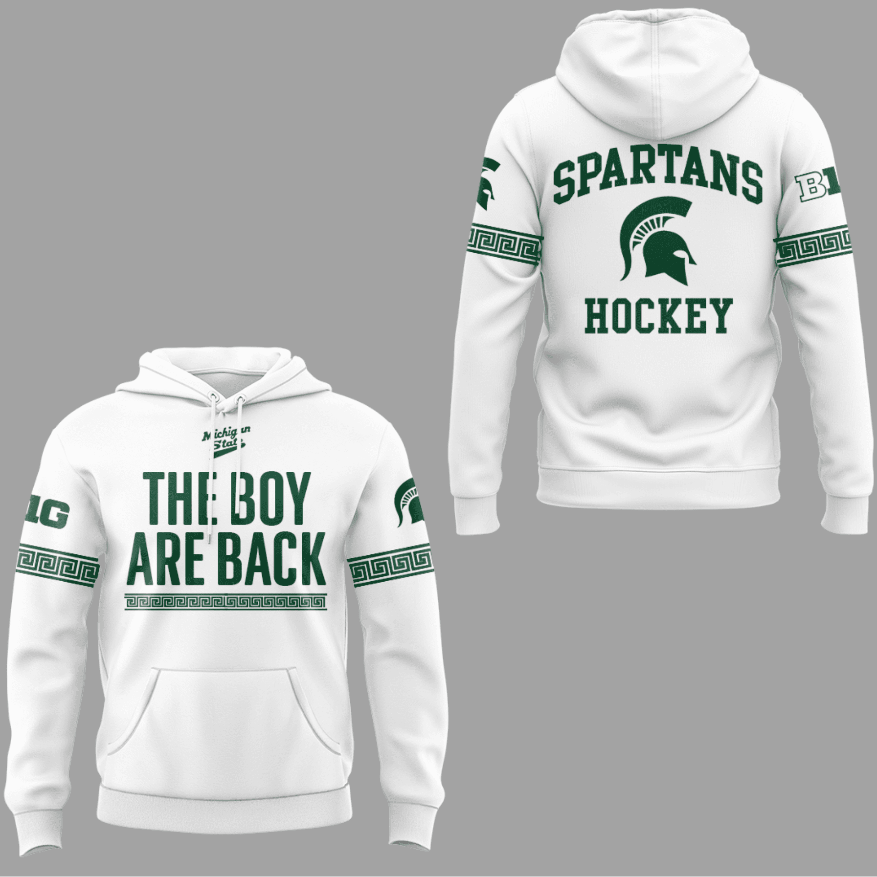 Michigan State Spartans Hockey Hoodie – The Boys Are Back Slogan with Greek Key Pattern Design