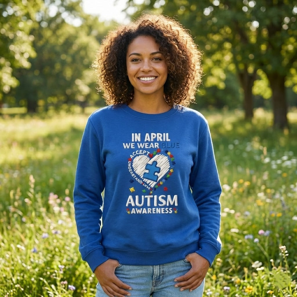 Autism Awareness In April We Wear Blue Puzzle Piece Heart Sweatshirt