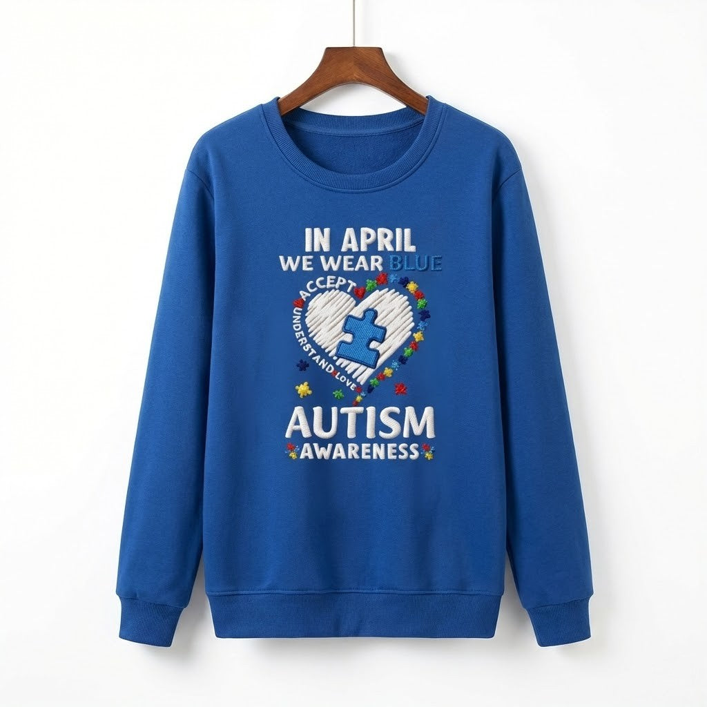 Autism Awareness In April We Wear Blue Puzzle Piece Heart Sweatshirt