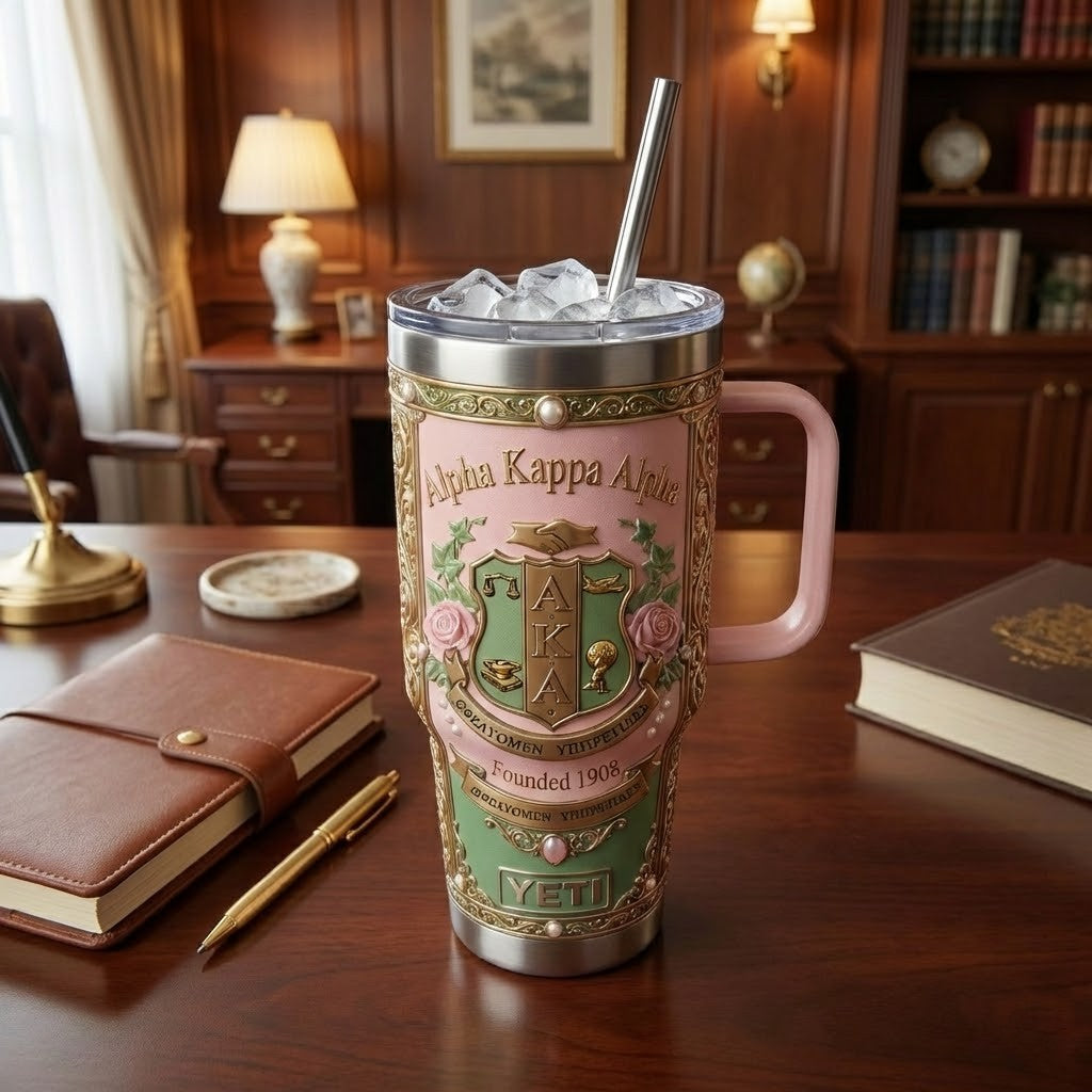 Alpha Kappa Alpha Founded 1908 Ornate Pink and Green YETI Tumbler