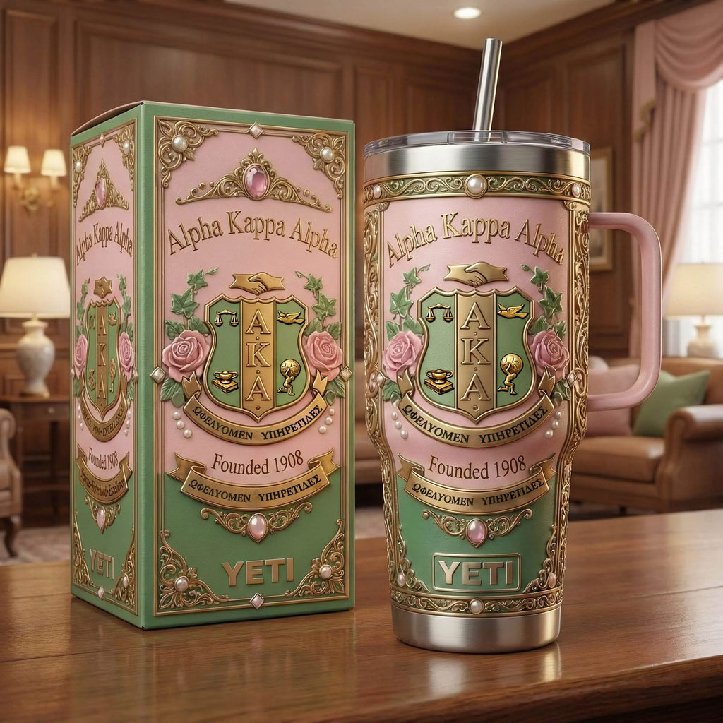 Alpha Kappa Alpha Founded 1908 Ornate Pink and Green YETI Tumbler