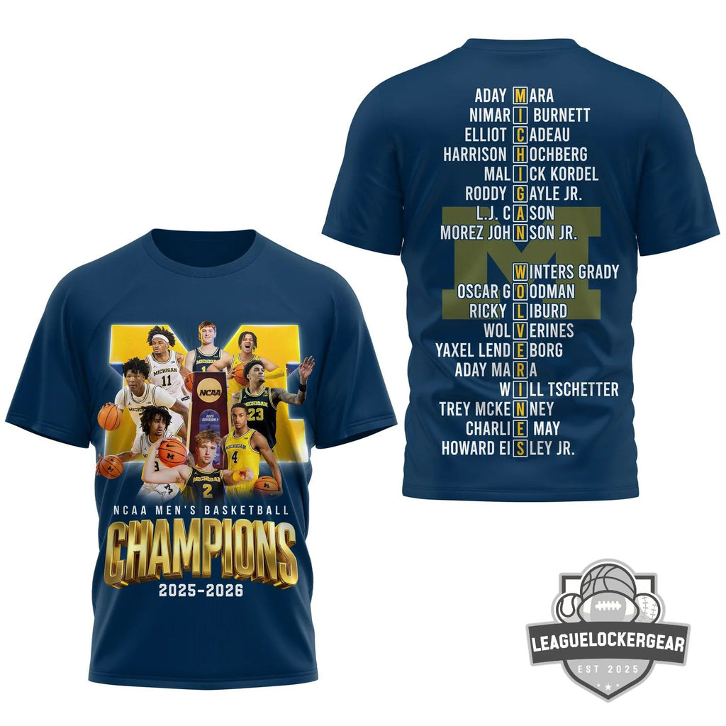 Michigan Wolverines 2025-2026 NCAA Men’s Basketball Champions Player Roster T-Shirt