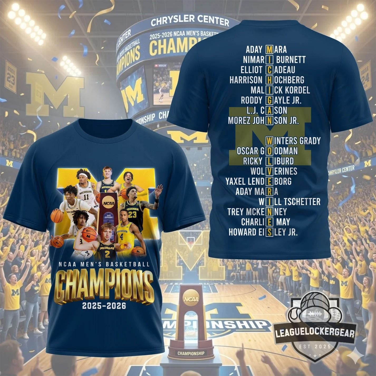 Michigan Wolverines 2025-2026 NCAA Men’s Basketball Champions Player Roster T-Shirt