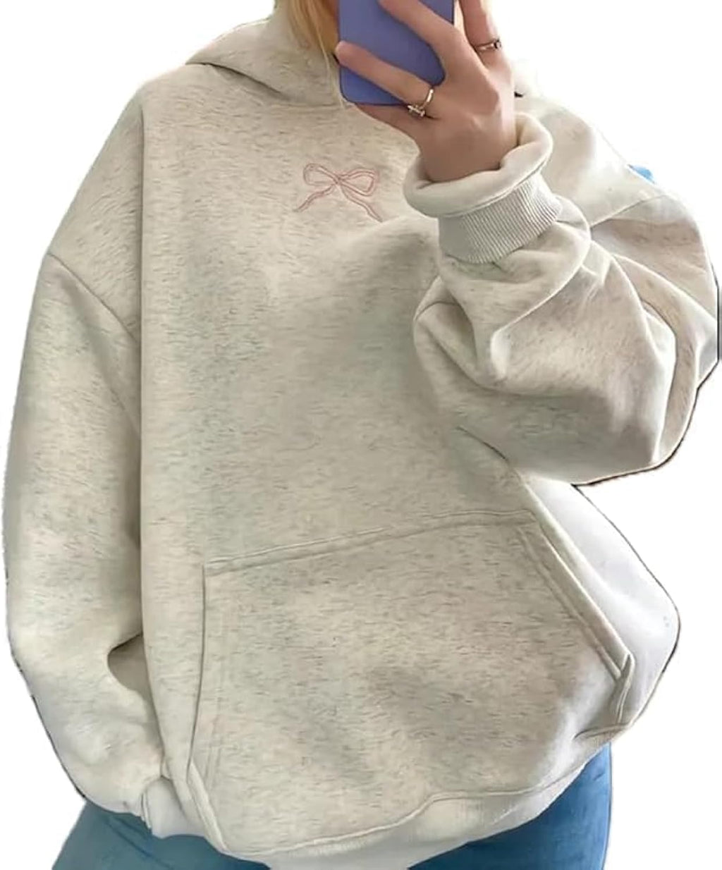 Embroidery Hoodies Women Cute Bowknot Graphic Preppy Pullover for Teen Girl Oversized Long Sleeve Hood Sweatshirt