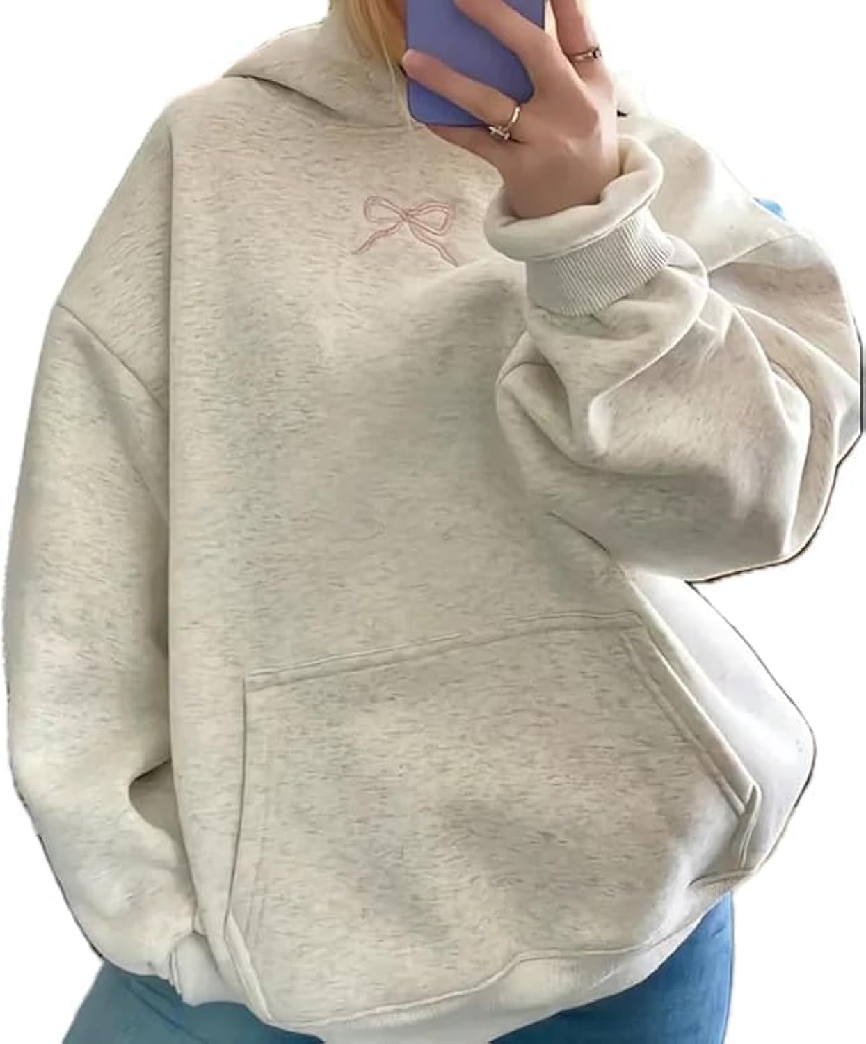 Embroidery Hoodies Women Cute Bowknot Graphic Preppy Pullover for Teen Girl Oversized Long Sleeve Hood Sweatshirt