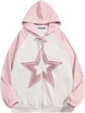 Suede Star Patchwork Full Zip Up Hoodie Oversized Graphic Hoodies Y2K Hooded Casual Sweatshirts Jackets