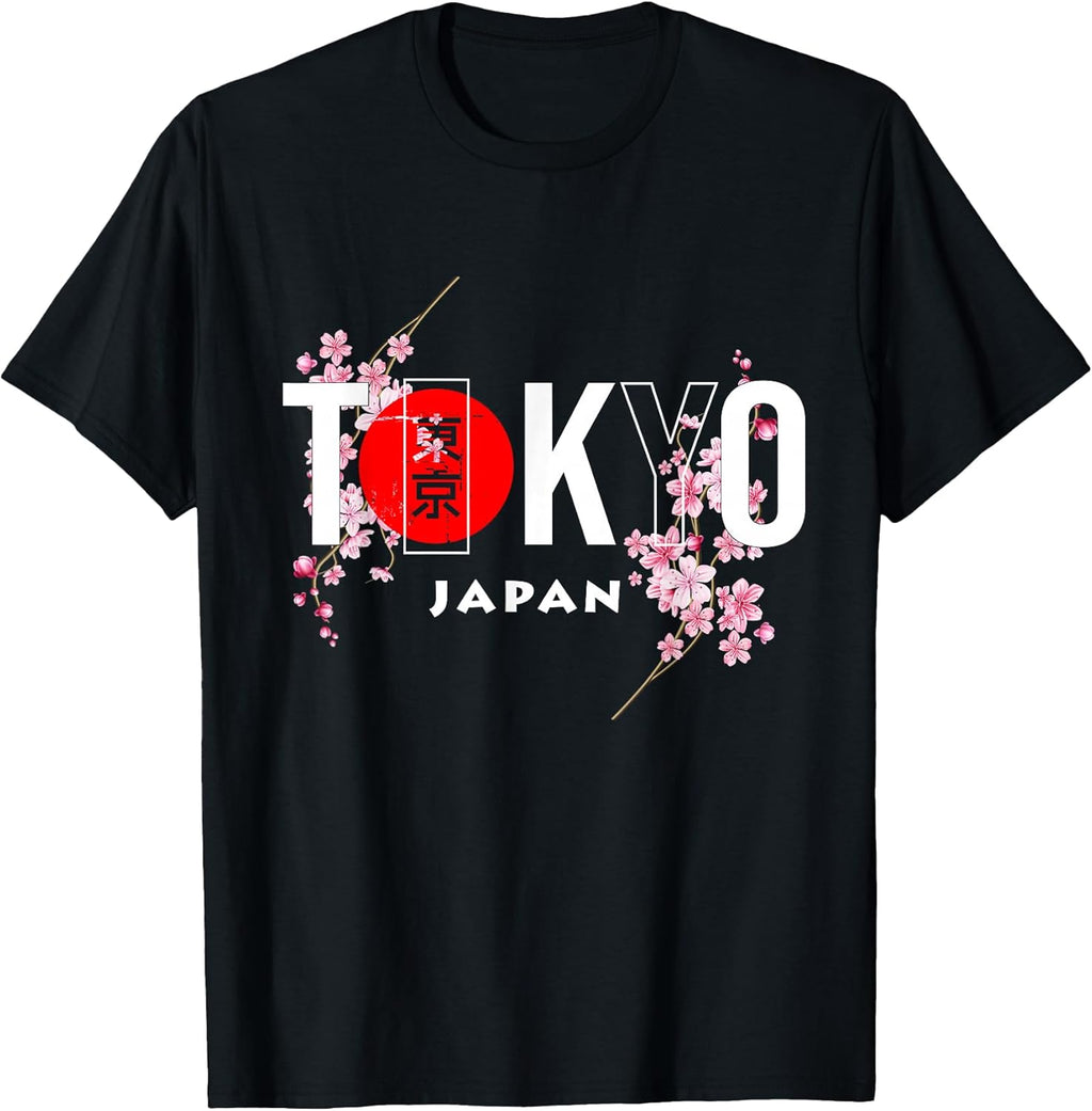 Tokyo & Japan Text with Calligraphy Insert + Sakura Flowers T-Shirt