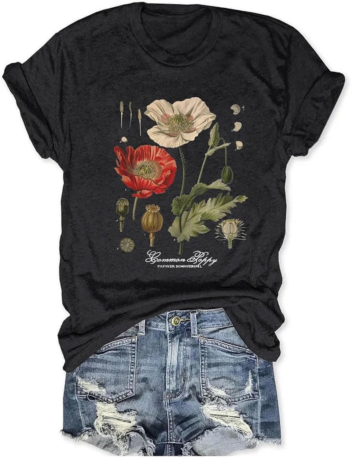 Memorial Day Vintage Poppy T-Shirt for Women Poppy Flower Language Crew Neck Short Sleeve Summer Tee