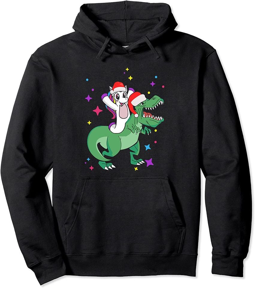 Cute Santa Unicorn Riding Trex Dino Christmas Dinosaur Pullover Hoodie