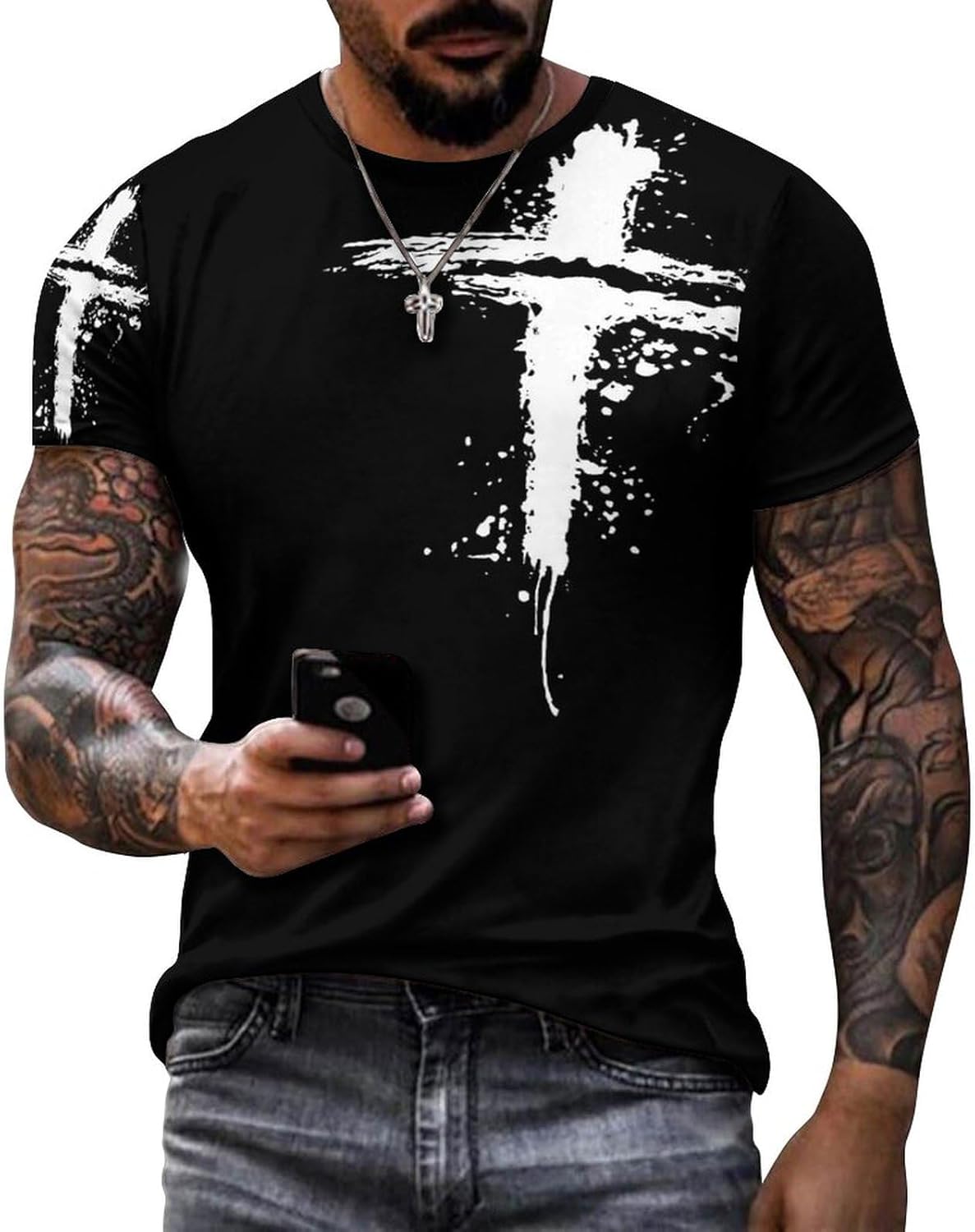 Mens T-Shirts Jesus Cross Faith Vintage Oil Painting Casual T-Shirts Summer Short Sleeve Crew Neck Christian Tops