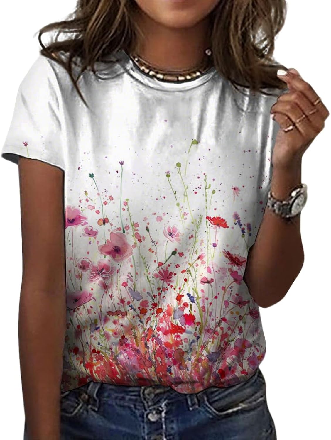 Womens Floral Boho Shirts 2025 Crewneck Short Sleeve Casual Work Tops Summer Vacation T Shirt Vintage Graphic Tees