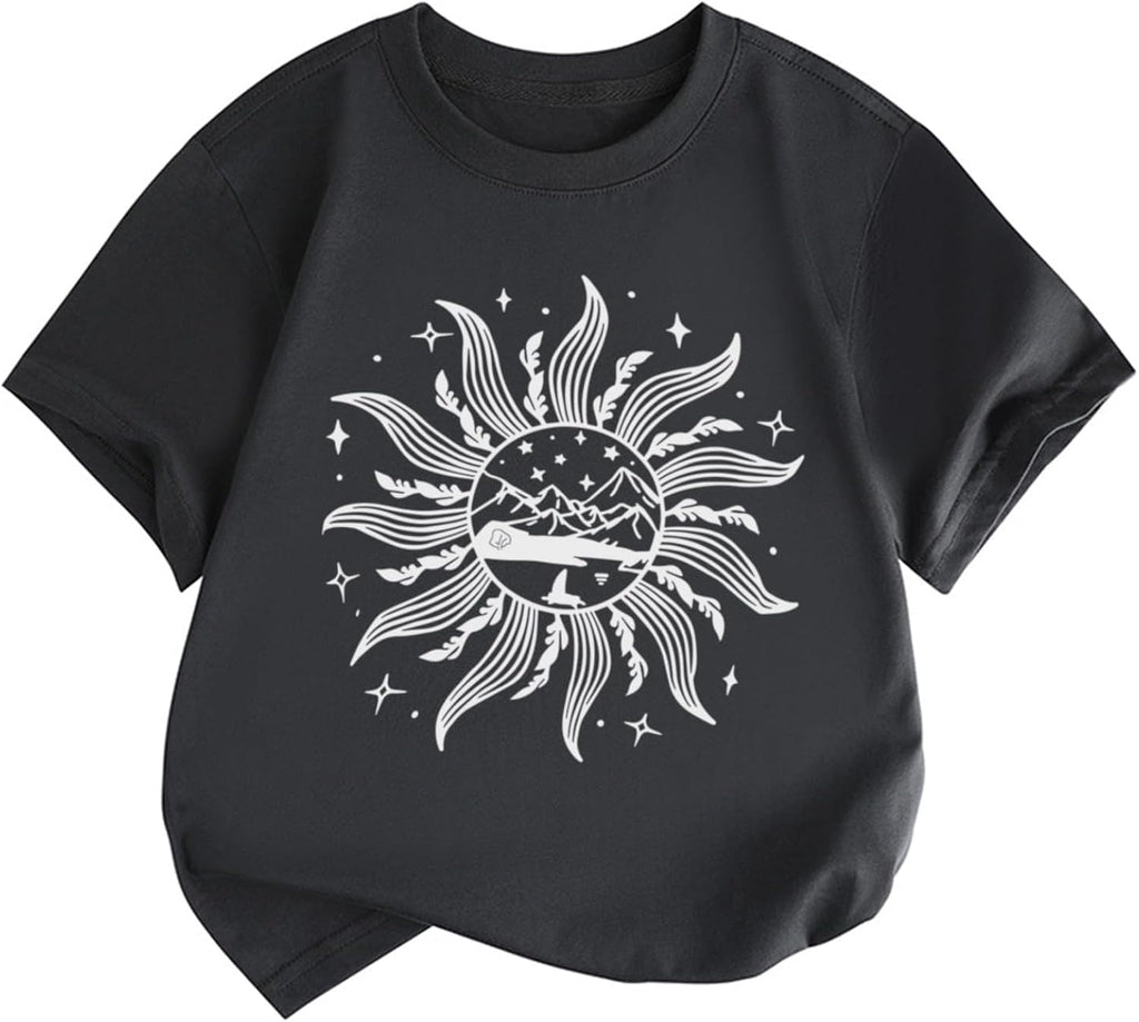 Girls Graphic Tees Cute Girl Shirts Crew Neck Floral Mountain Printed Tshirt Aesthetic Short Sleeve Summer Tops
