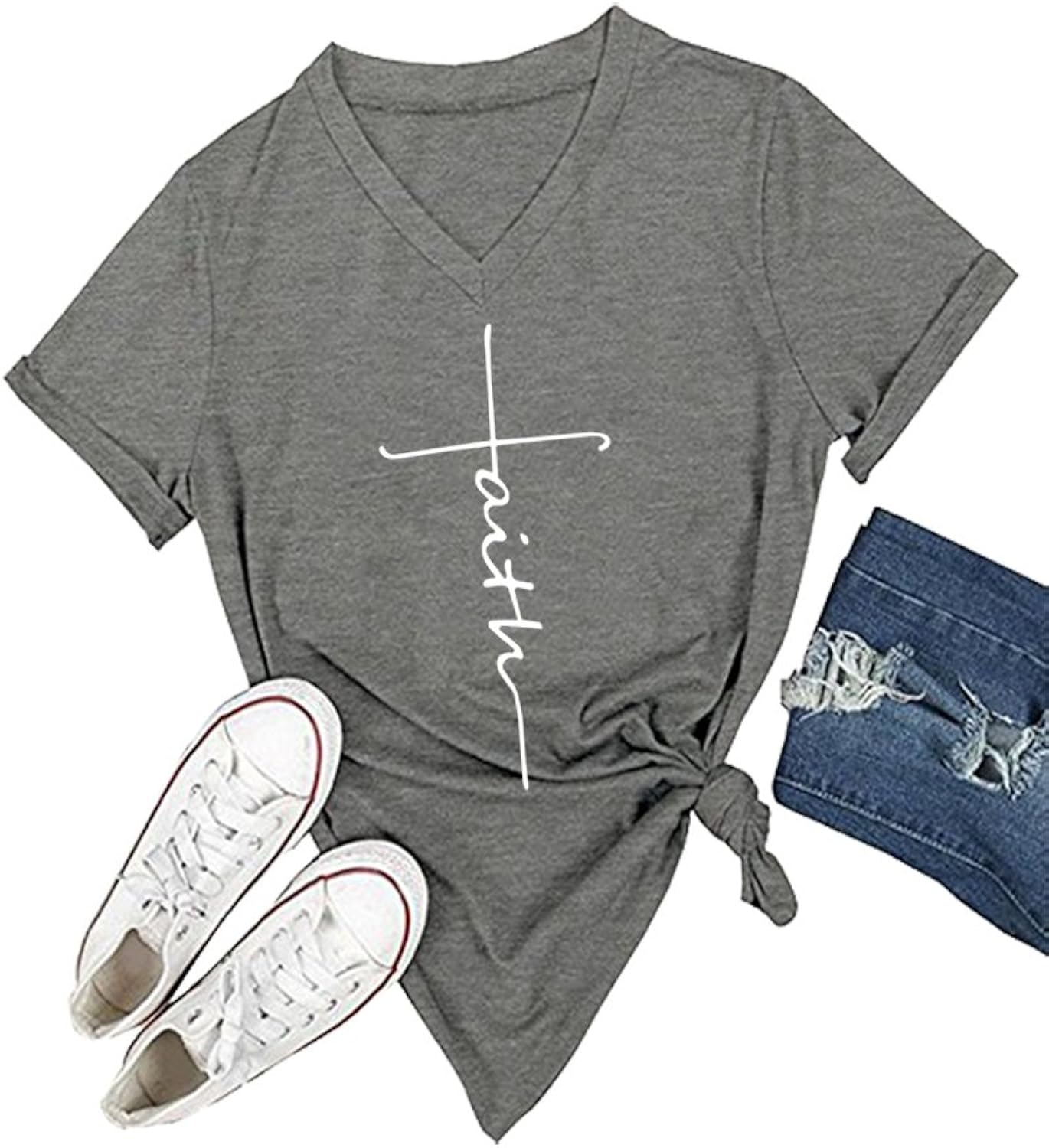 Women's V-Neck Summer Casual Letters Printed Short Sleeves Graphic T-Shirt