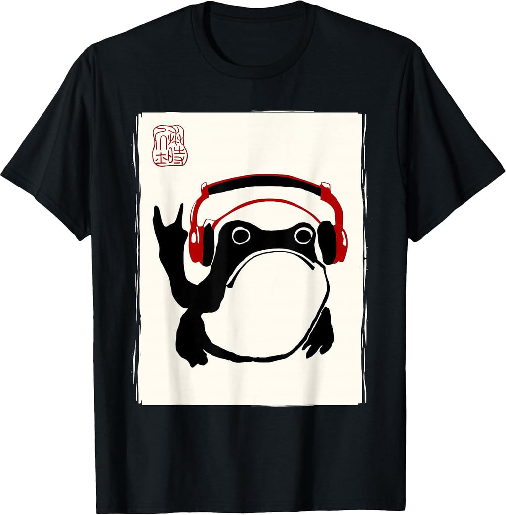 Funny Grumpy Frog Rock Music Band Kawaii Sumi-e Japanese T-Shirt