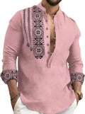 Mens Aztec Print Linen Shirts Band Collar Long Sleeve Half Button Henley Shirts Summer Beach Casual Hawaiian Shirts
