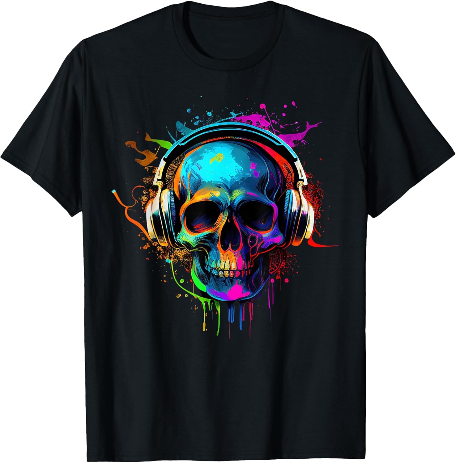Skull Wearing Headphones Grunge Teen Gamer Rainbow Graffiti T-Shirt