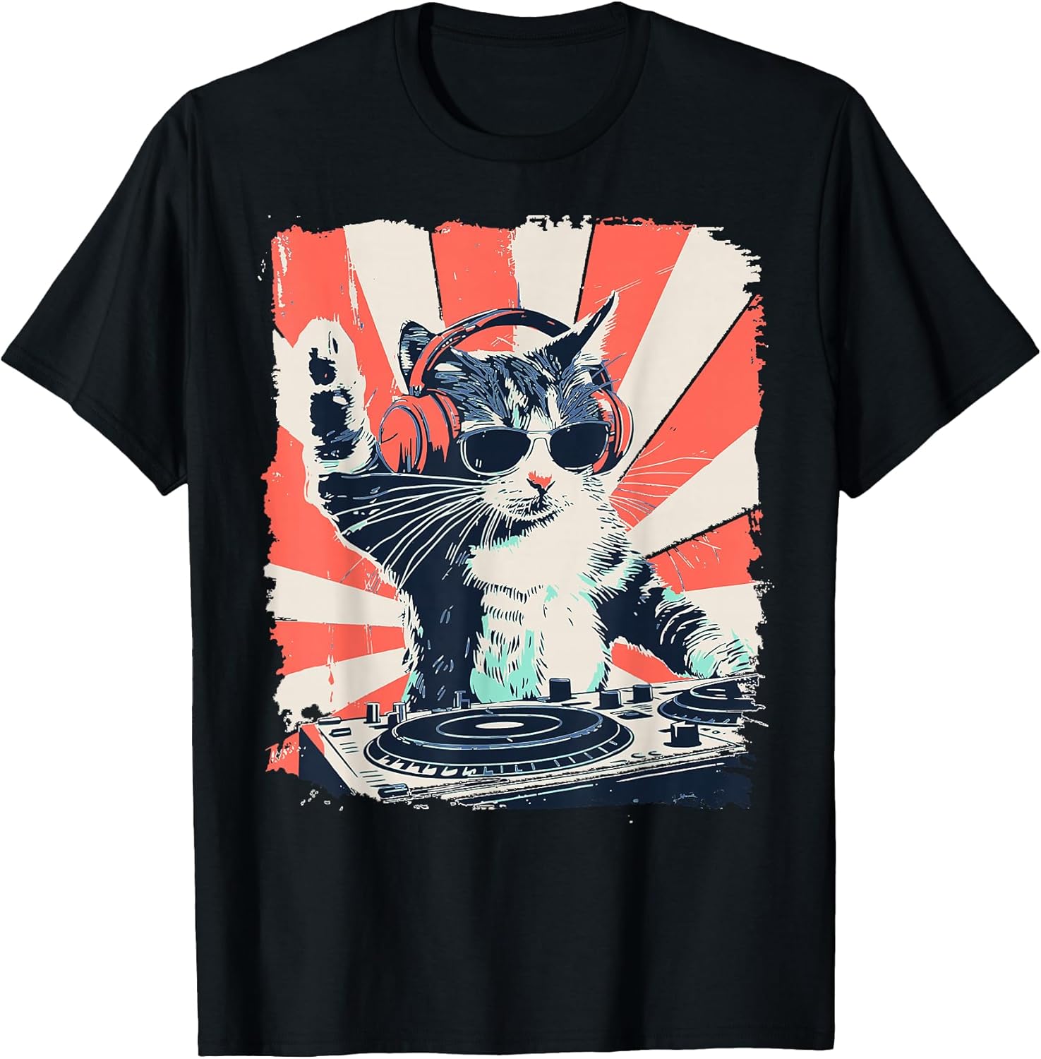 Funny DJ Cat with Headphones Retro Music Lover Art T-Shirt
