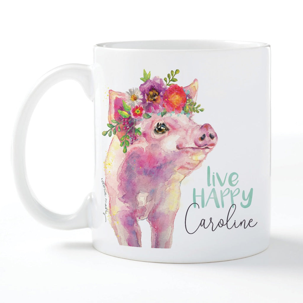Live Happy Floral Pig Personalized White Coffee Mug - 11 oz.