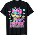 Master Builder Kids Girls Building Bricks Cat Lover Kitten T-Shirt