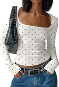 Women Y2K Polka Dot Long Sleeve Crop Tops-Vintage Boho Scoop Neck Tee Shirt Tight Fit Jersey Tshirt Fall Outfits