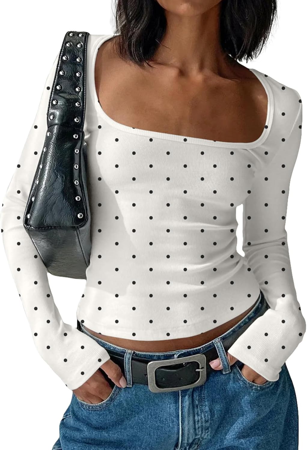 Women Y2K Polka Dot Long Sleeve Crop Tops-Vintage Boho Scoop Neck Tee Shirt Tight Fit Jersey Tshirt Fall Outfits