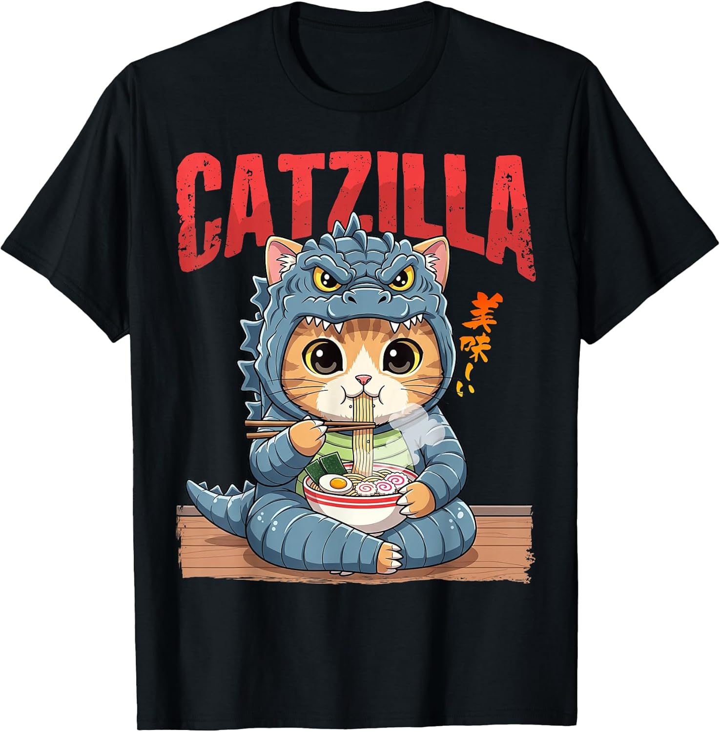 Funny Catzilla Eating Ramen Cute Cat Lover Japanese Art T-Shirt