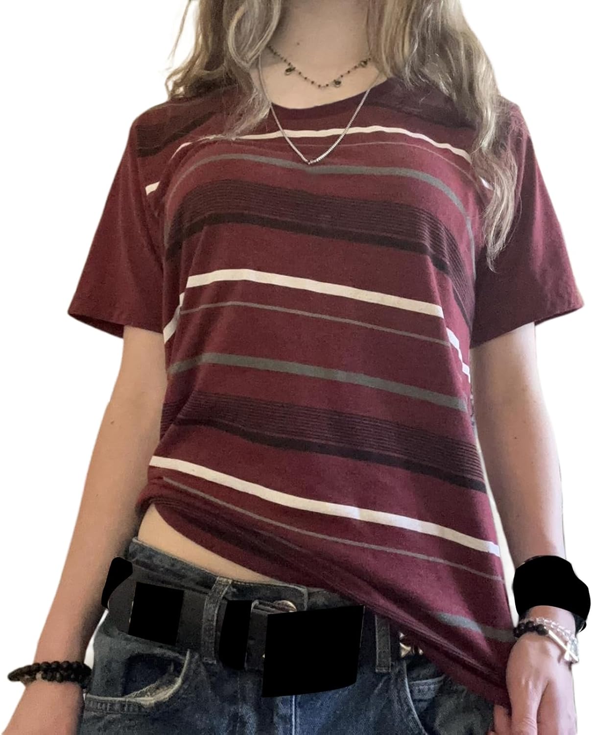 Women Y2k Striped Grunge Shirt Short Sleeve Crewneck T-Shirts Vintage 90s Goth Aesthetic Emos Tops Fairycore Clothes