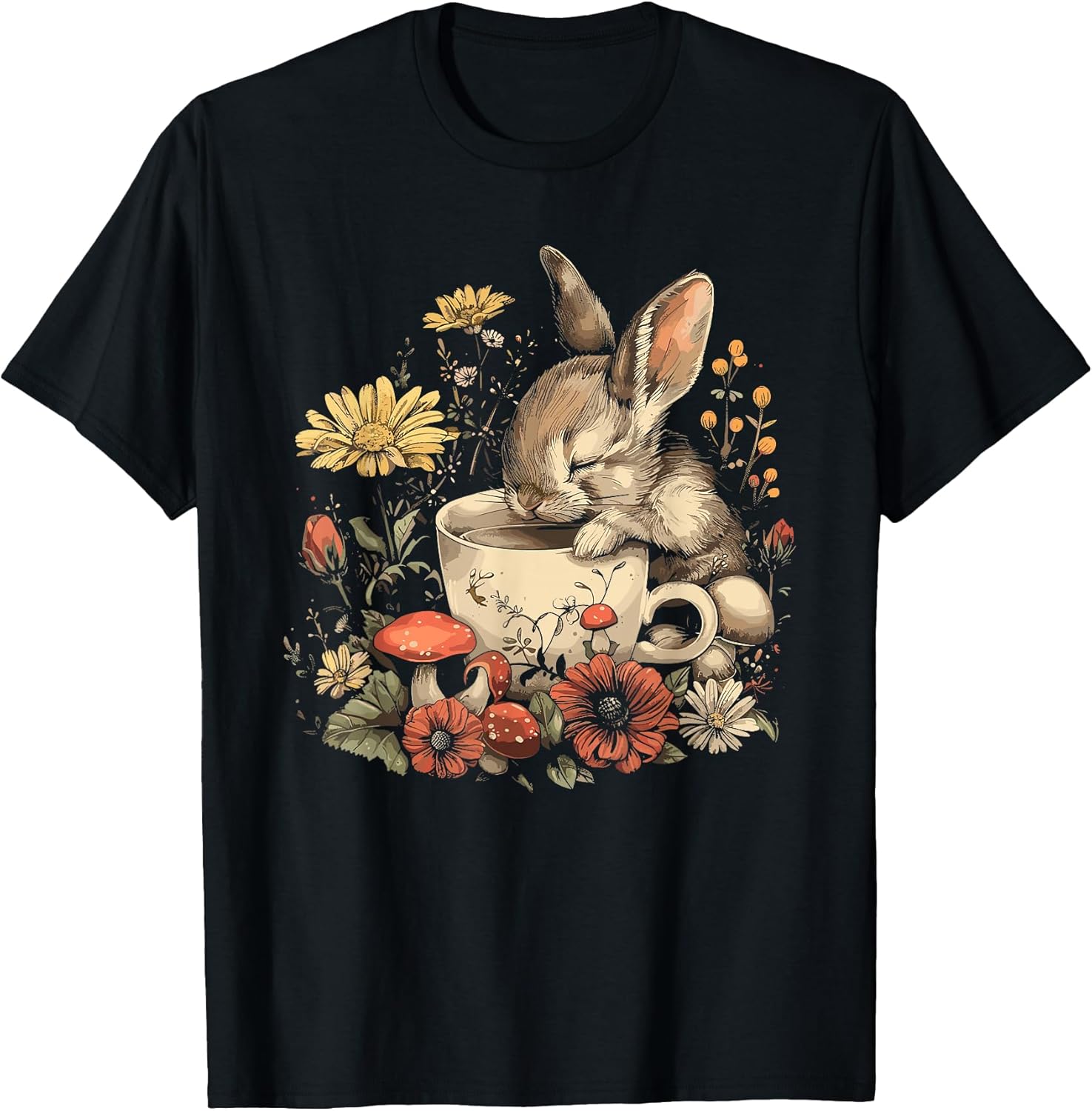 Rabbit Floral Bunny Cottagecore Aesthetic Tea Cup T-Shirt