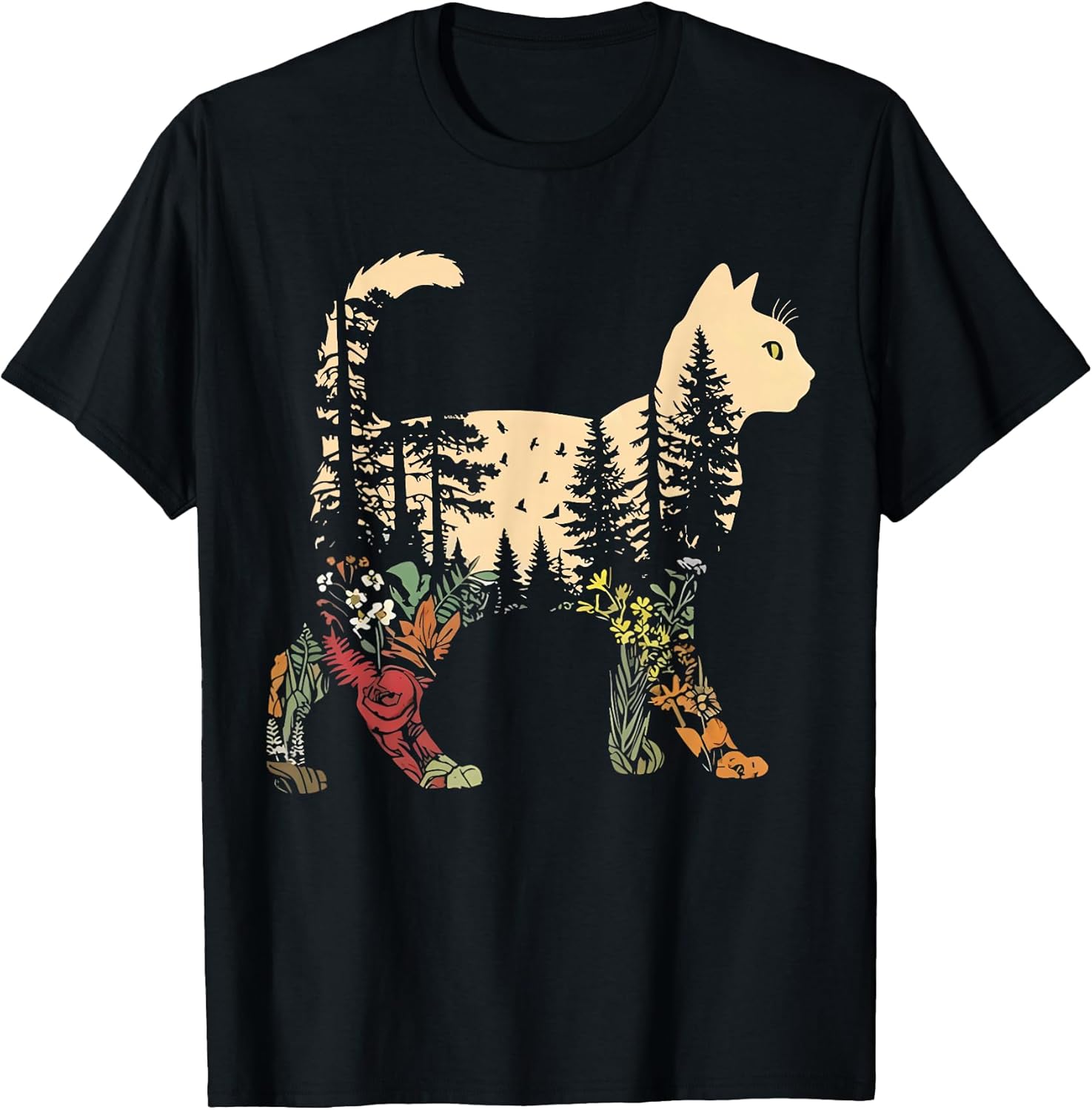 Boho Cat Plants Nature Trees Wild Flowers Women Cat Lovers T-Shirt