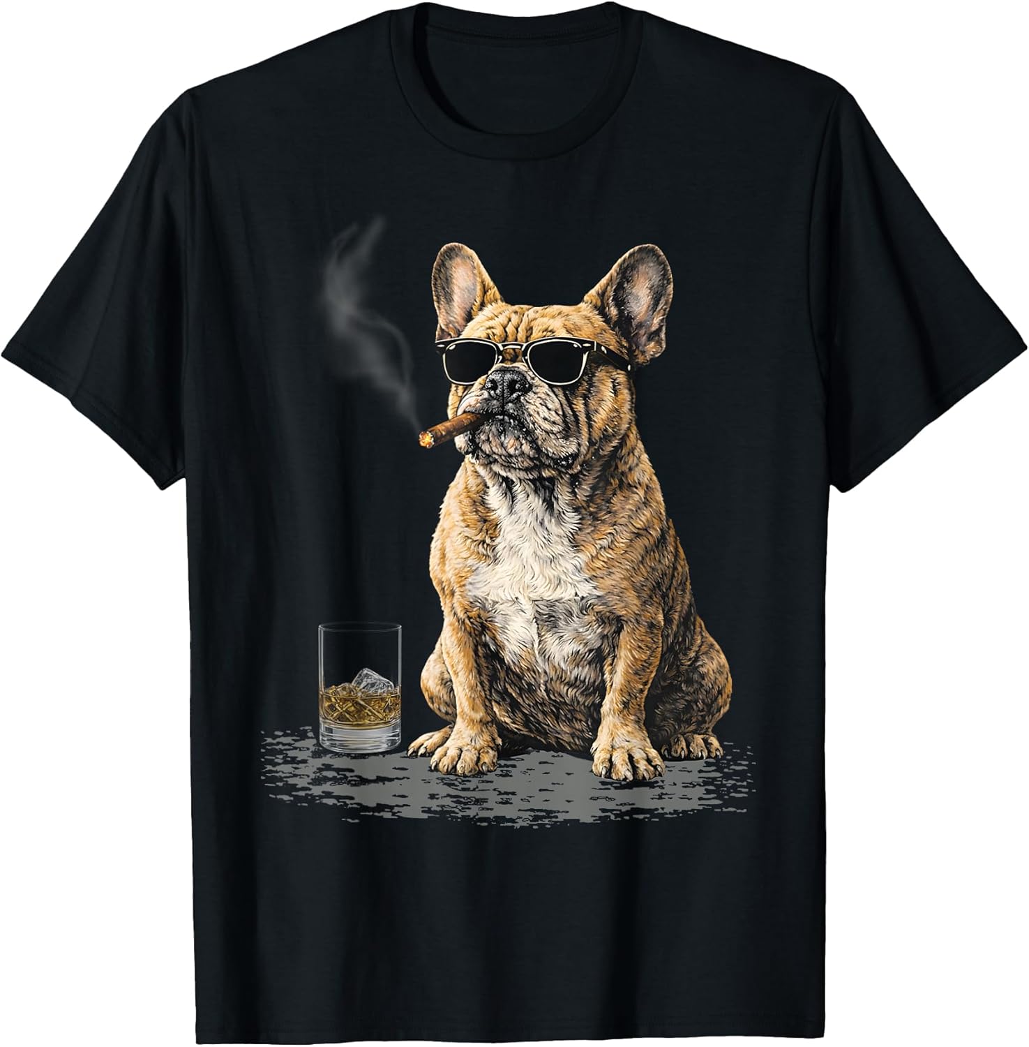 Retro French Bulldog Smoking Cigar Whisky Lover Funny Dog T-Shirt