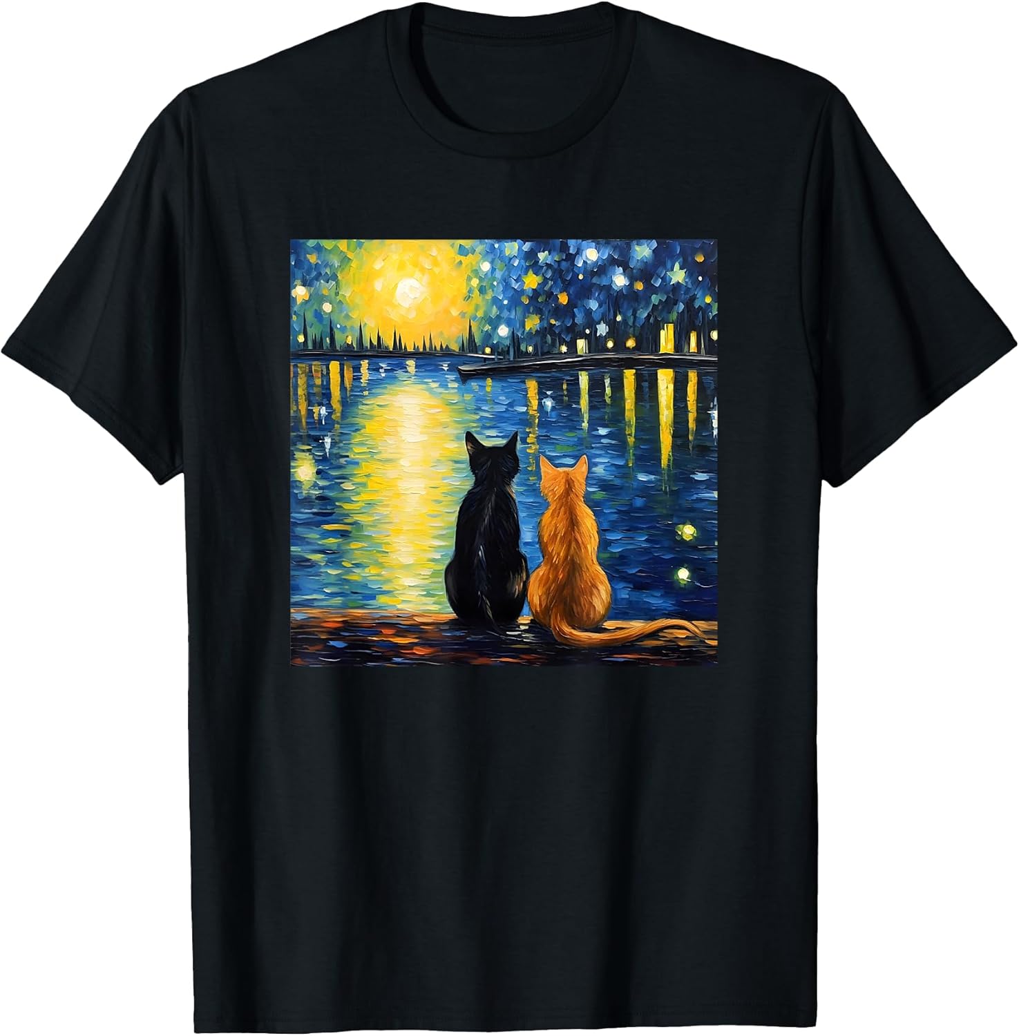 Two Cats Starry Night Lover Cat Art Painting Kitten Van Gogh T-Shirt