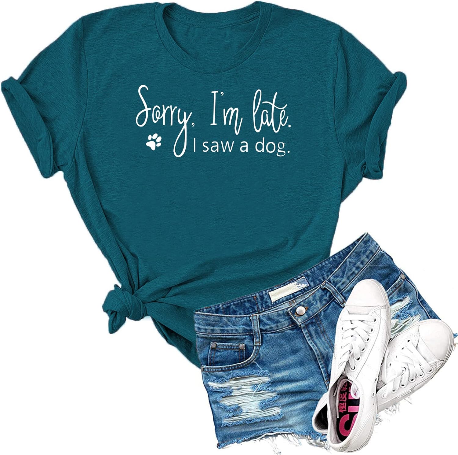 Women's Sorry I'm Late I Saw A Dog Print T Shirt Novelty Casual Dog Lover Graphic Tees Tops