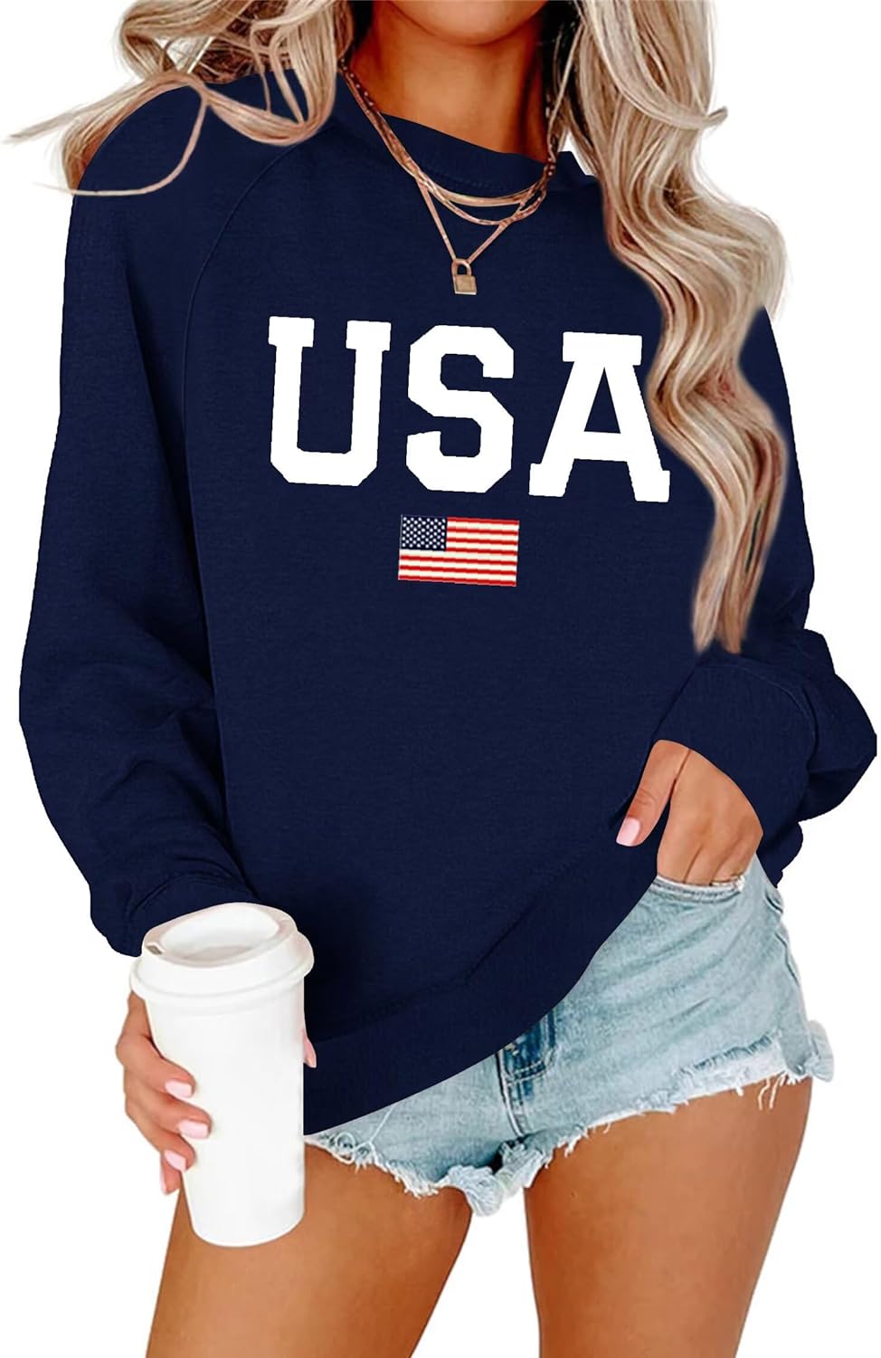 Womens USA Shirt Casual Long Sleeve Graphic Tees Knit Crew Neck Sweatshirts Loose Pullover