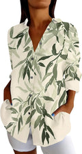 Women Graphic T Shirt Floral Print V Neck Rolled Up Three-Quarter Sleeves Button Down Tee 100% Cotton Blouses