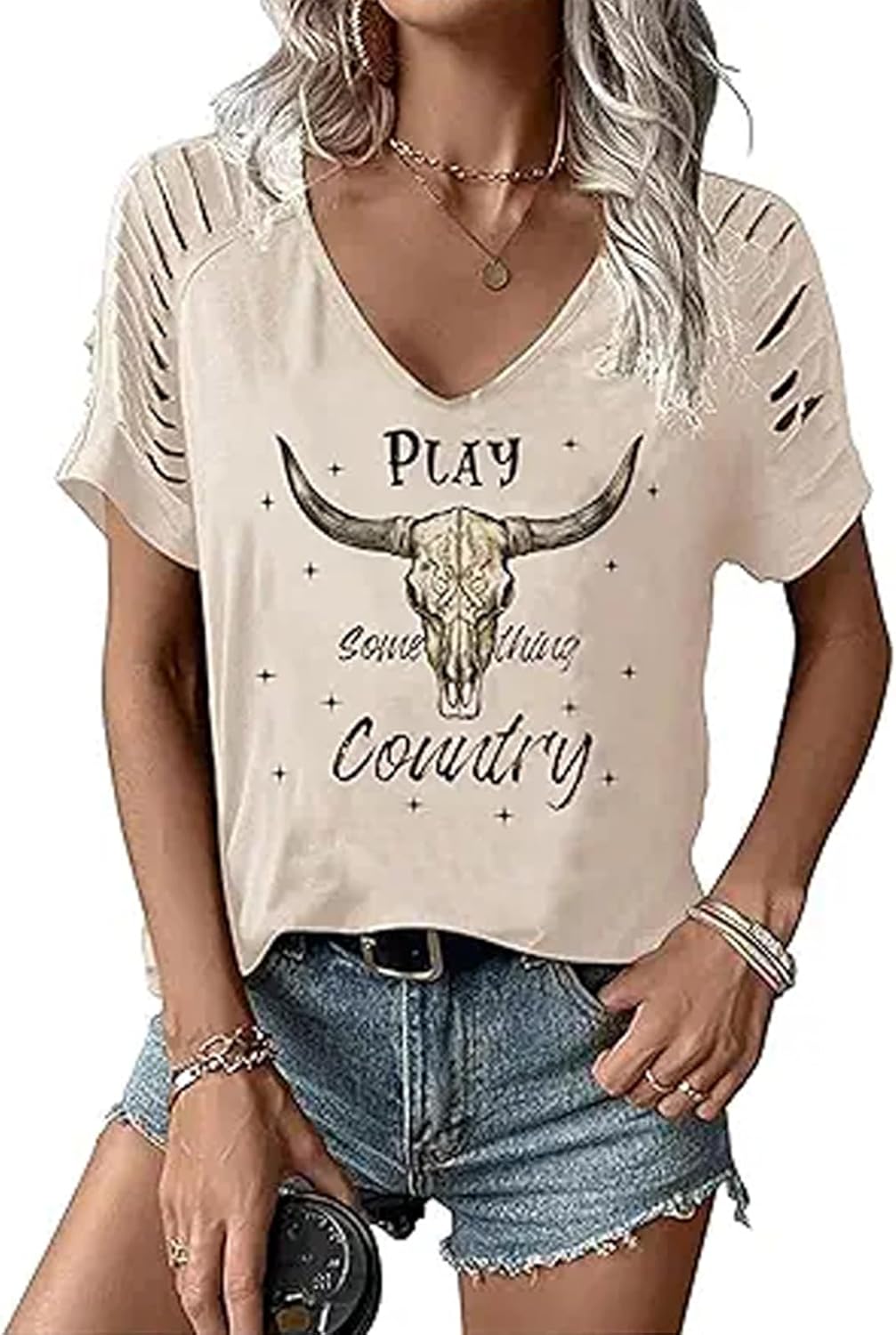 Women's V-Neck Country Music T-Shirt Retro Cowboy Guitar Graphic Short Sleeve Hollow Out Tee Tops for Nashville