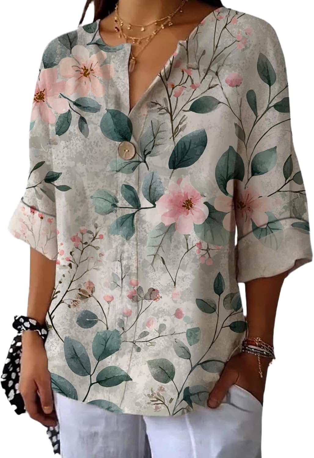 90S Shirts Women Vacation Beach Flower Printed T-Shirt Three-Quarter Sleeve V Neck Plus Size Breathable Tees