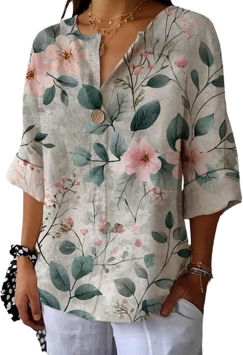 90S Shirts Women Vacation Beach Flower Printed T-Shirt Three-Quarter Sleeve V Neck Plus Size Breathable Tees