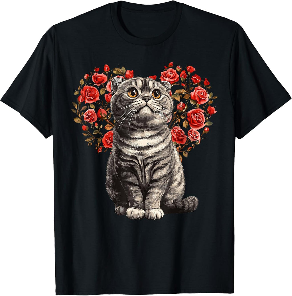 Scottish Fold Cat Lover Floral Heart Valentines Day T-Shirt