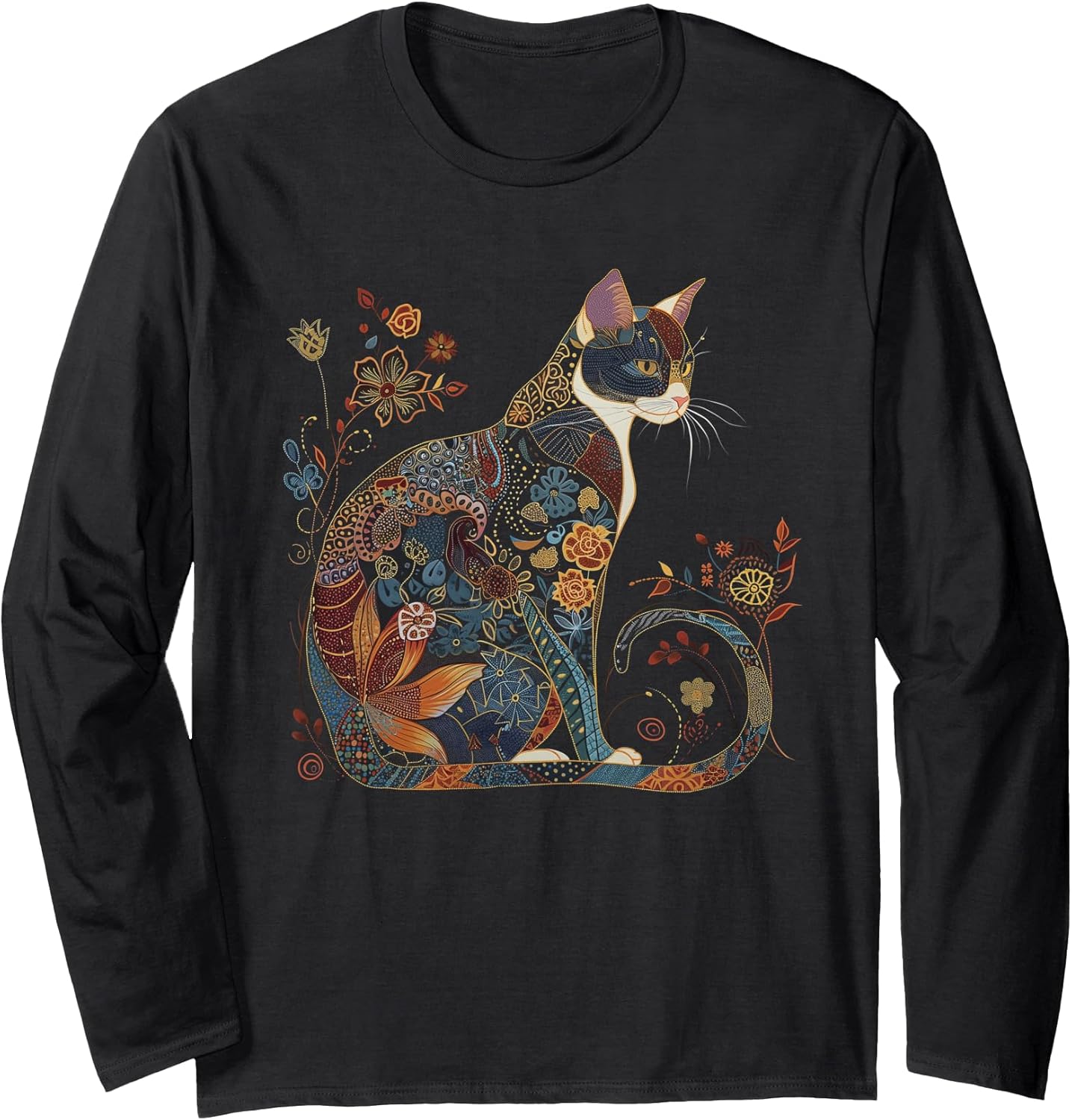 Cat Colorful Floral Patterns Vintage Flowers Art Cat Lover Long Sleeve T-Shirt