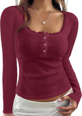 Women Y2k Lace Trim Scoop Neck Button Pointelle Crop Tee Tops Slim Fit Long Sleeve Aesthetic Fall Henley T Shirts