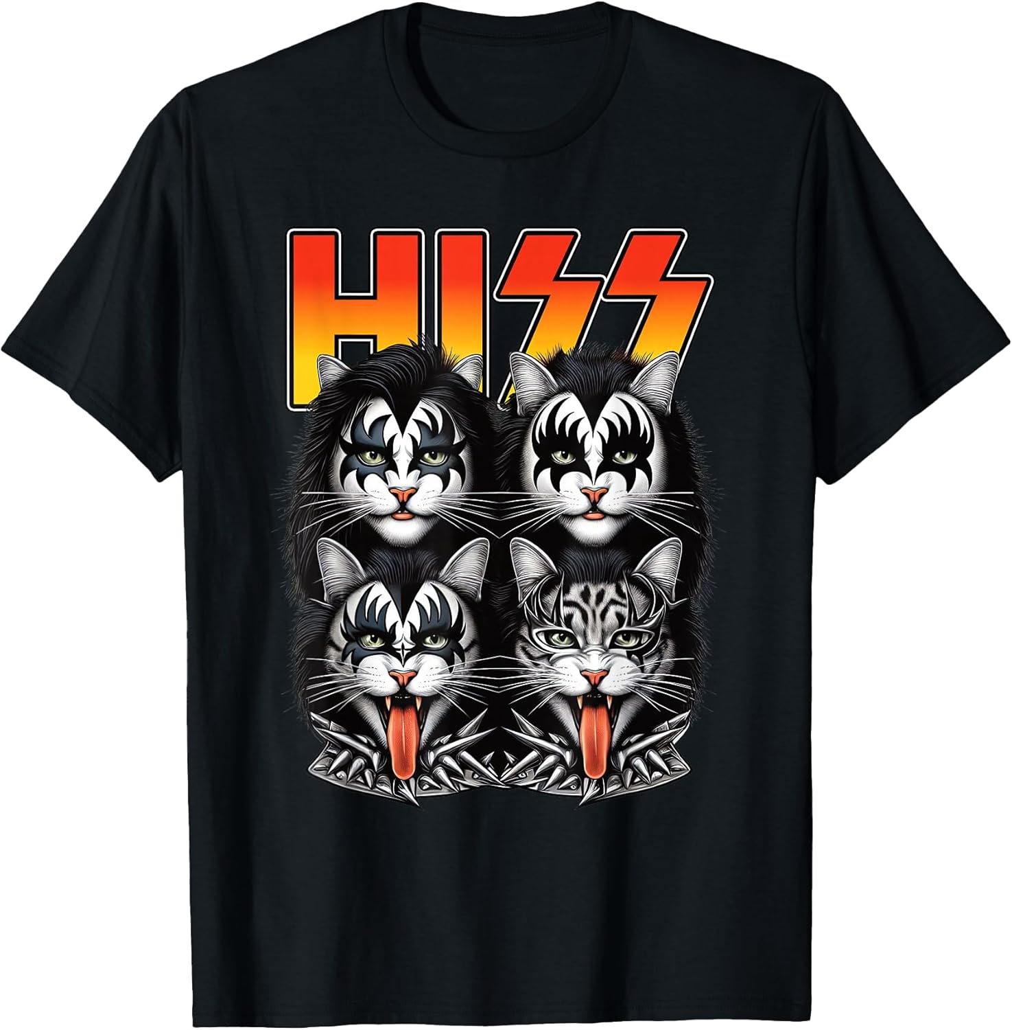 Funny Hiss Cats Band Parody 70s Music Lover Cat Face Graphic T-Shirt